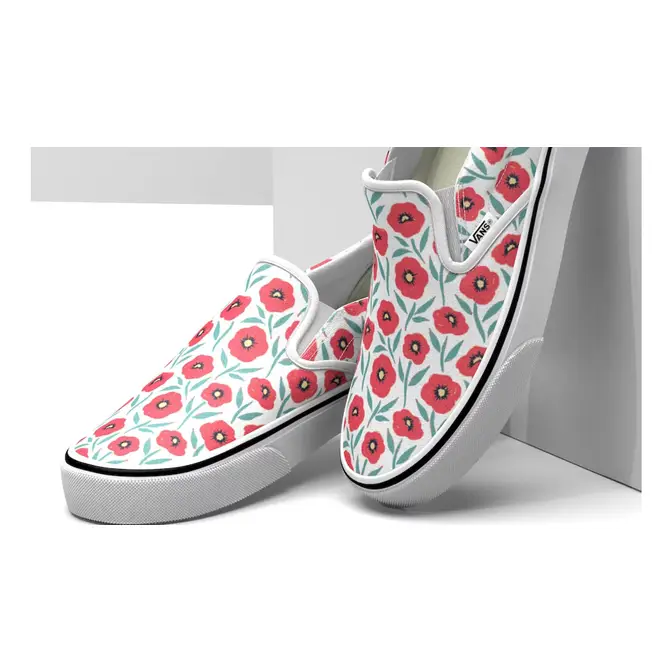 Red vans with store flowers