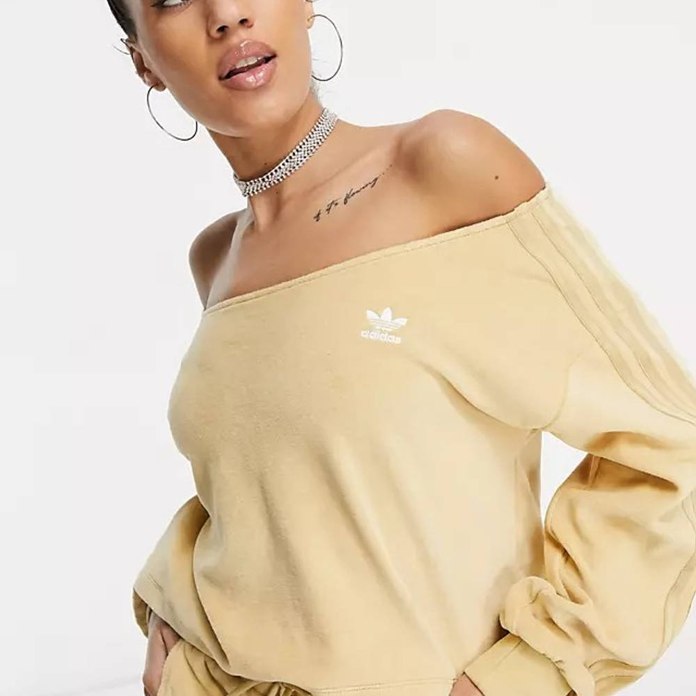 adidas Originals Relaxed Risque Off Shoulder Sweatshirt - Beige | The Sole Supplier