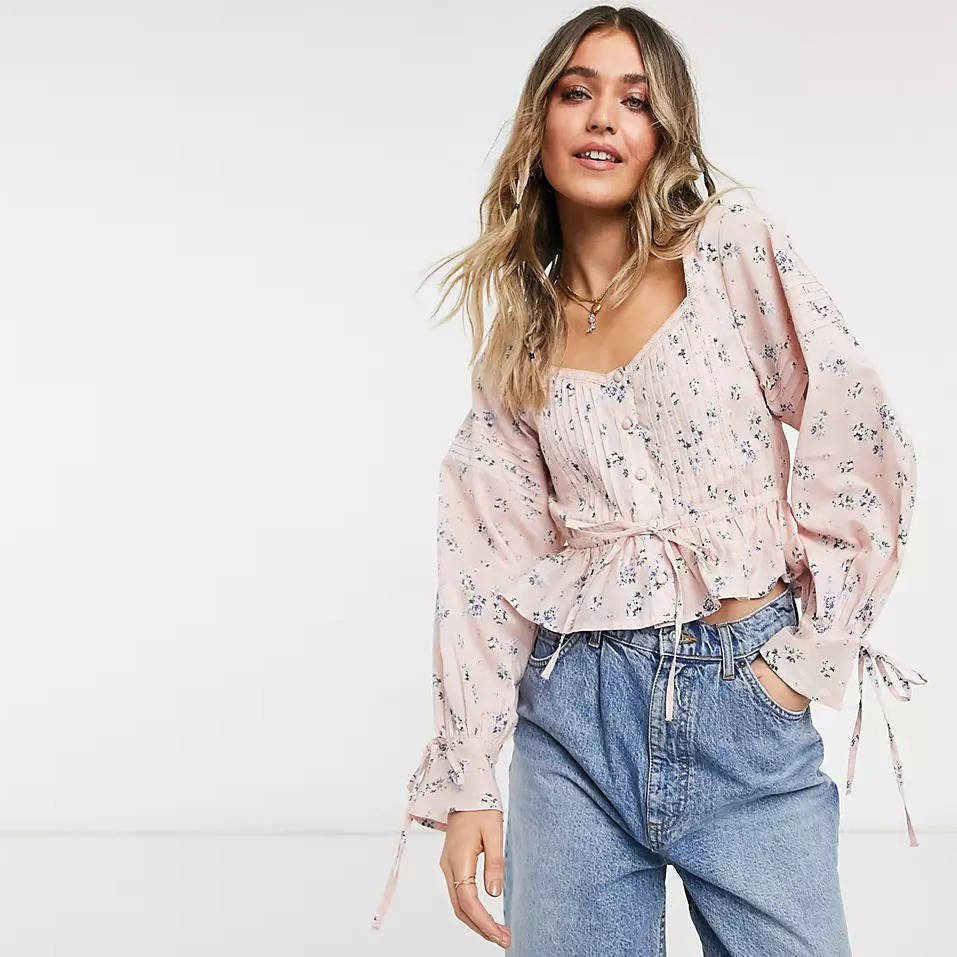 ASOS DESIGN Pleated Sleeve Button Through Top