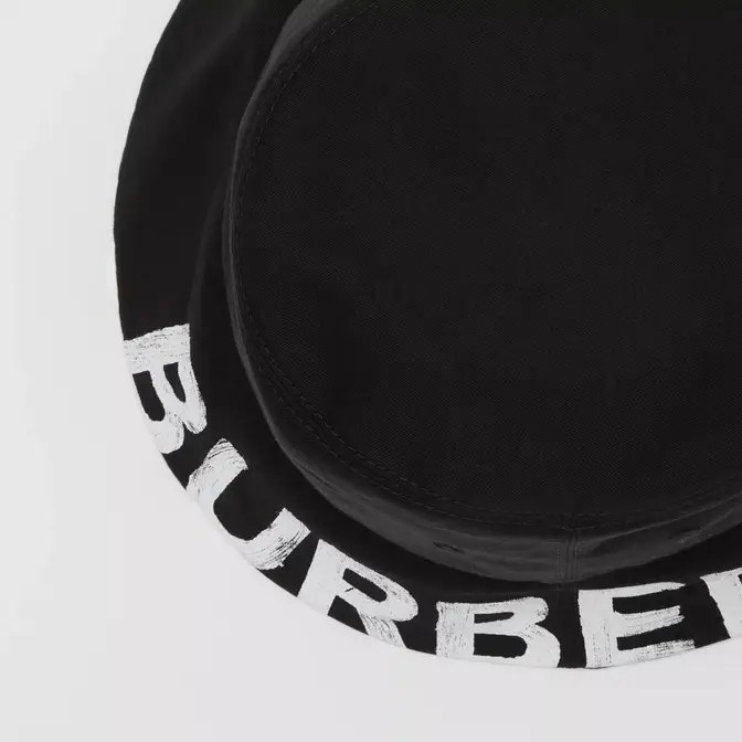 Burberry Reversible Logo Print Cotton Gabardine Bucket Hat Black Detail