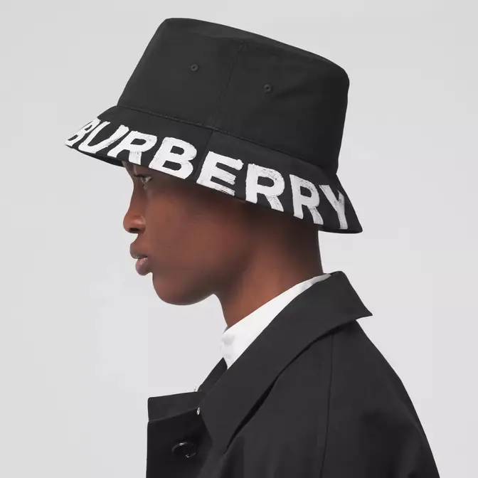Burberry Reversible Logo Print Cotton Gabardine Bucket Hat Black Side
