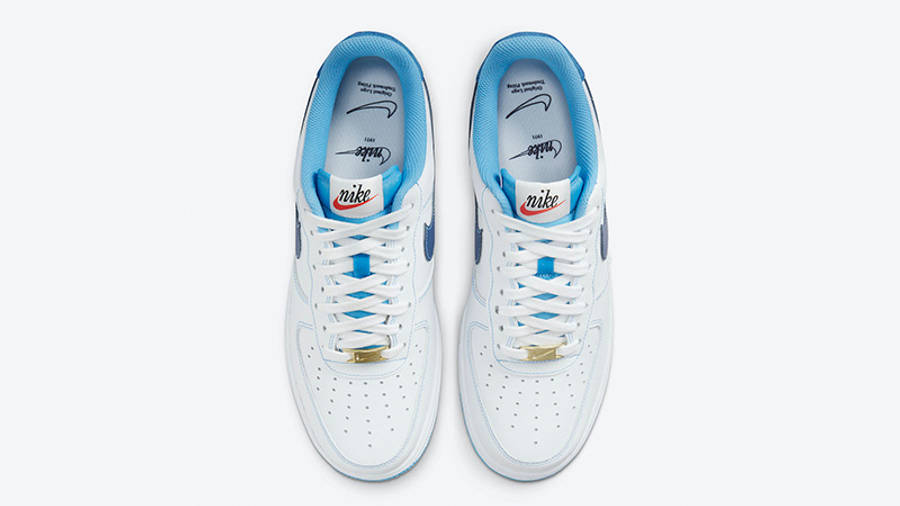 white and blue air force 1 low