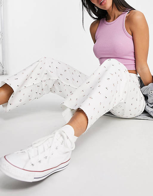 Stradivarius Floral Jeans white