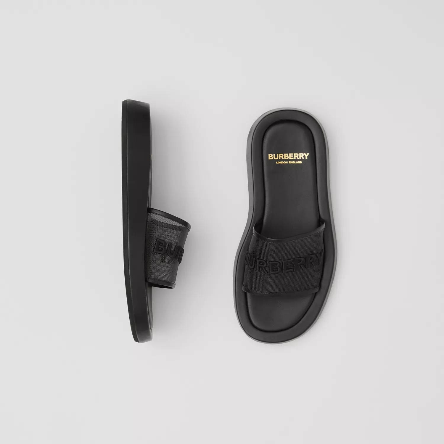 Burberry Embroidered Logo Mesh and Leather Slides