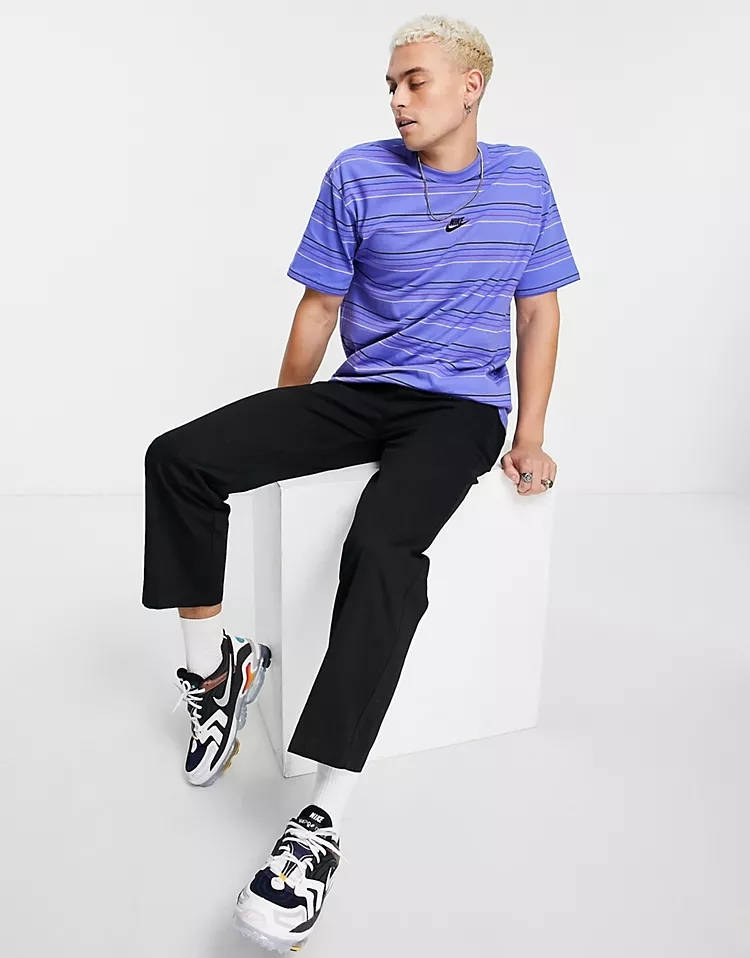 Nike Premium Essentials oversized stripe t-shirt in white and blue