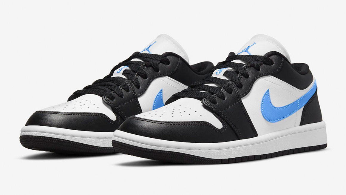 black and white jordan 1 with blue swoosh