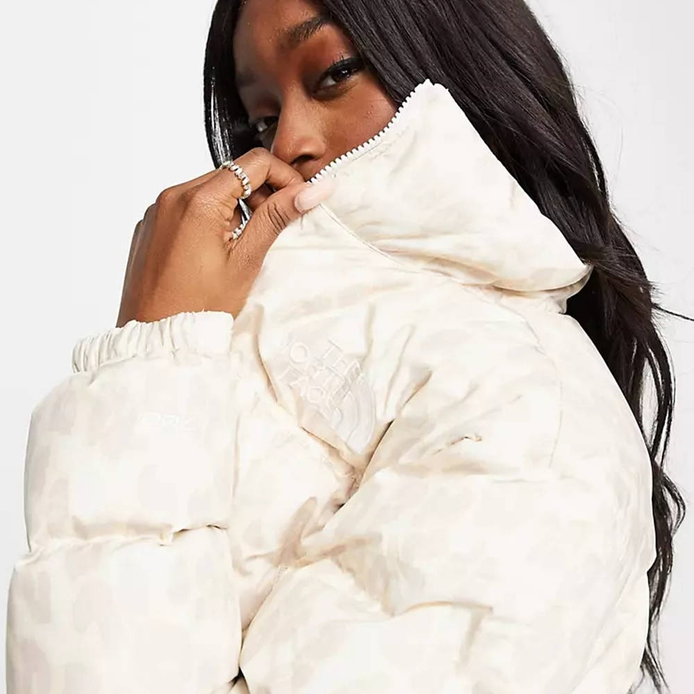 The North Face Nuptse Cropped Printed Jacket - Silver Grey Leopard | The Sole Supplier