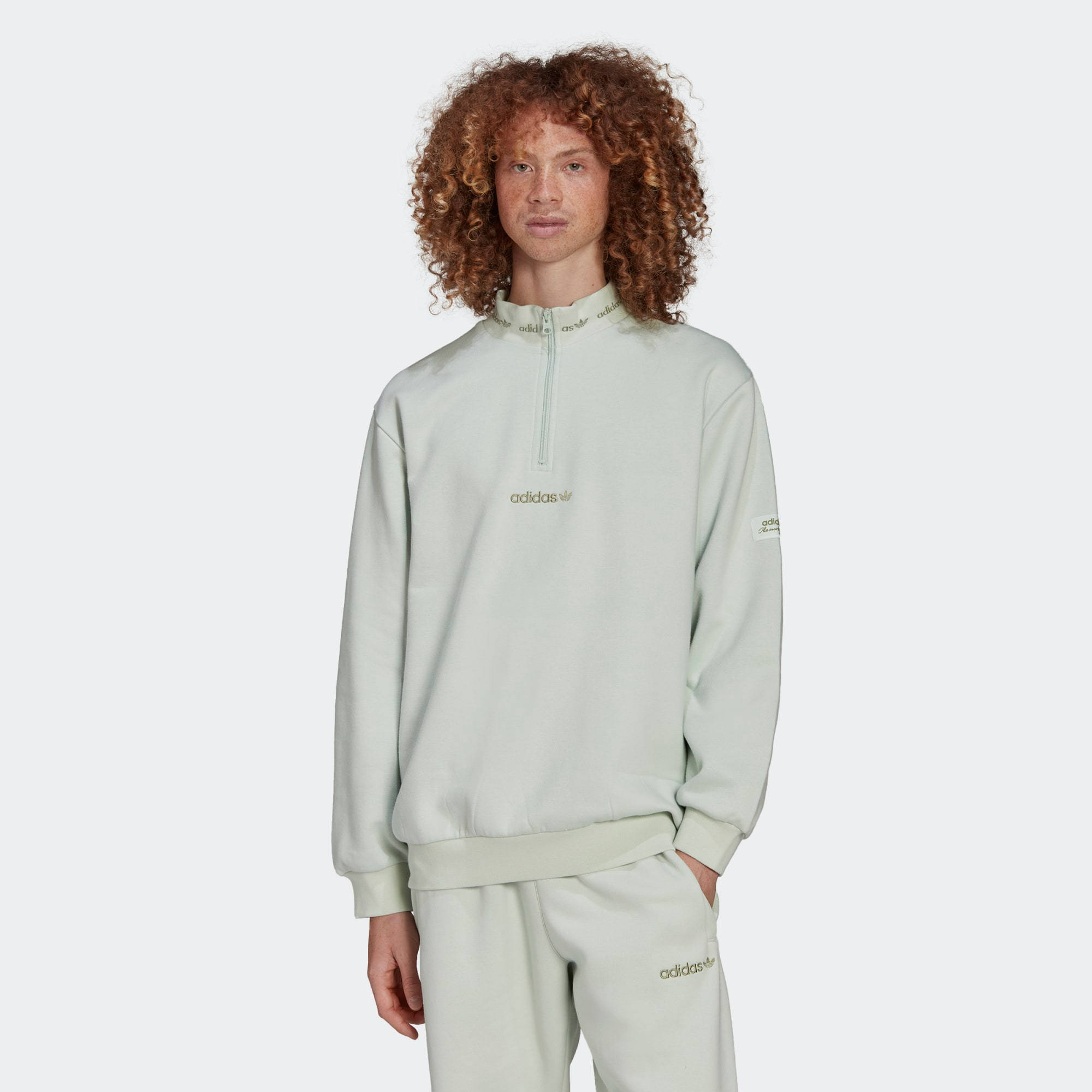 adidas Trefoil Linear Quarter Zip Sweatshirt - Linen Green | The Sole ...