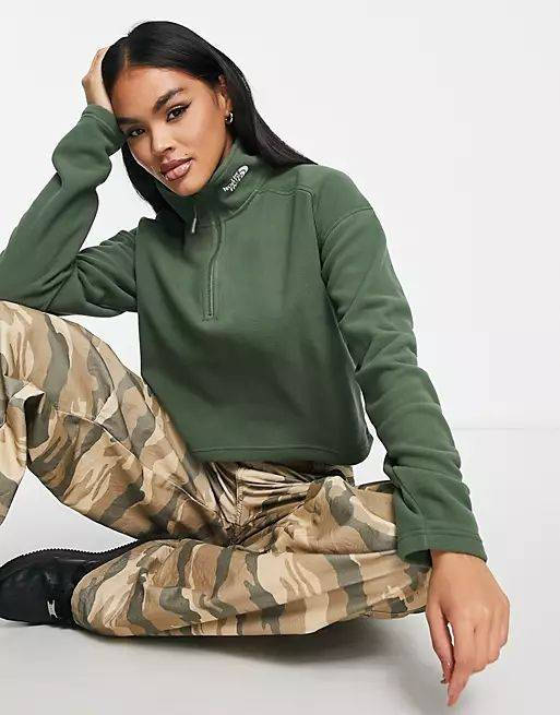 The North Face Glacier Cropped 1-4 Zip Fleece Neck Logo Khaki Feature