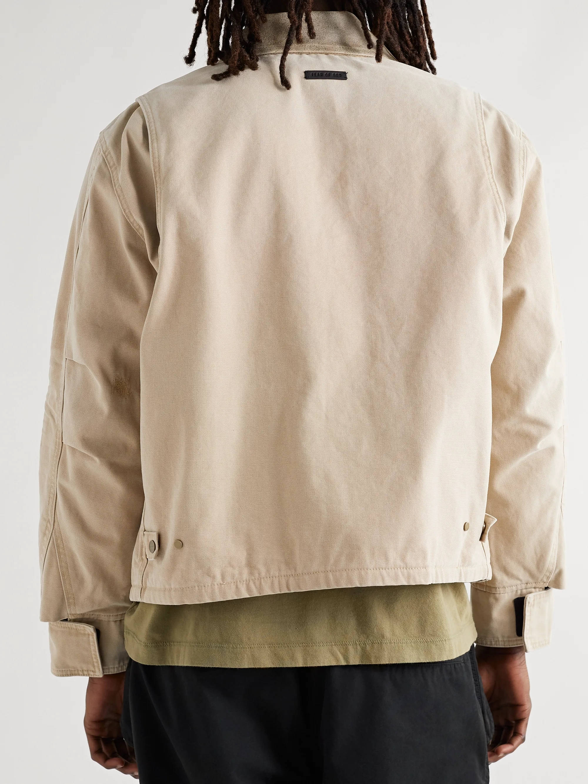 MR Porter x Fear of God Leather-Trimmed Distressed Canvas Jacket Khaki Back