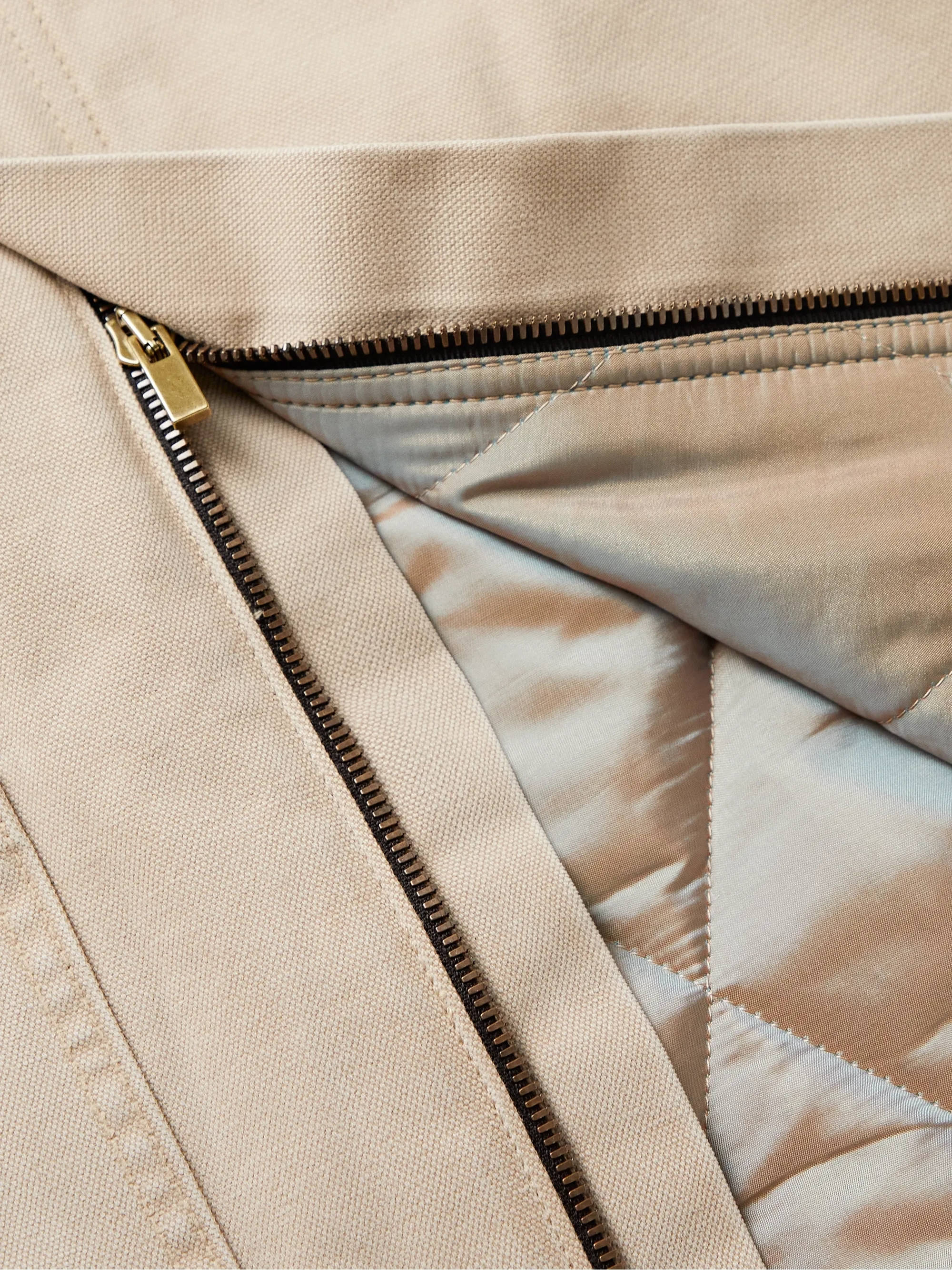 MR Porter x Fear of God Leather-Trimmed Distressed Canvas Jacket Khaki Detail 2