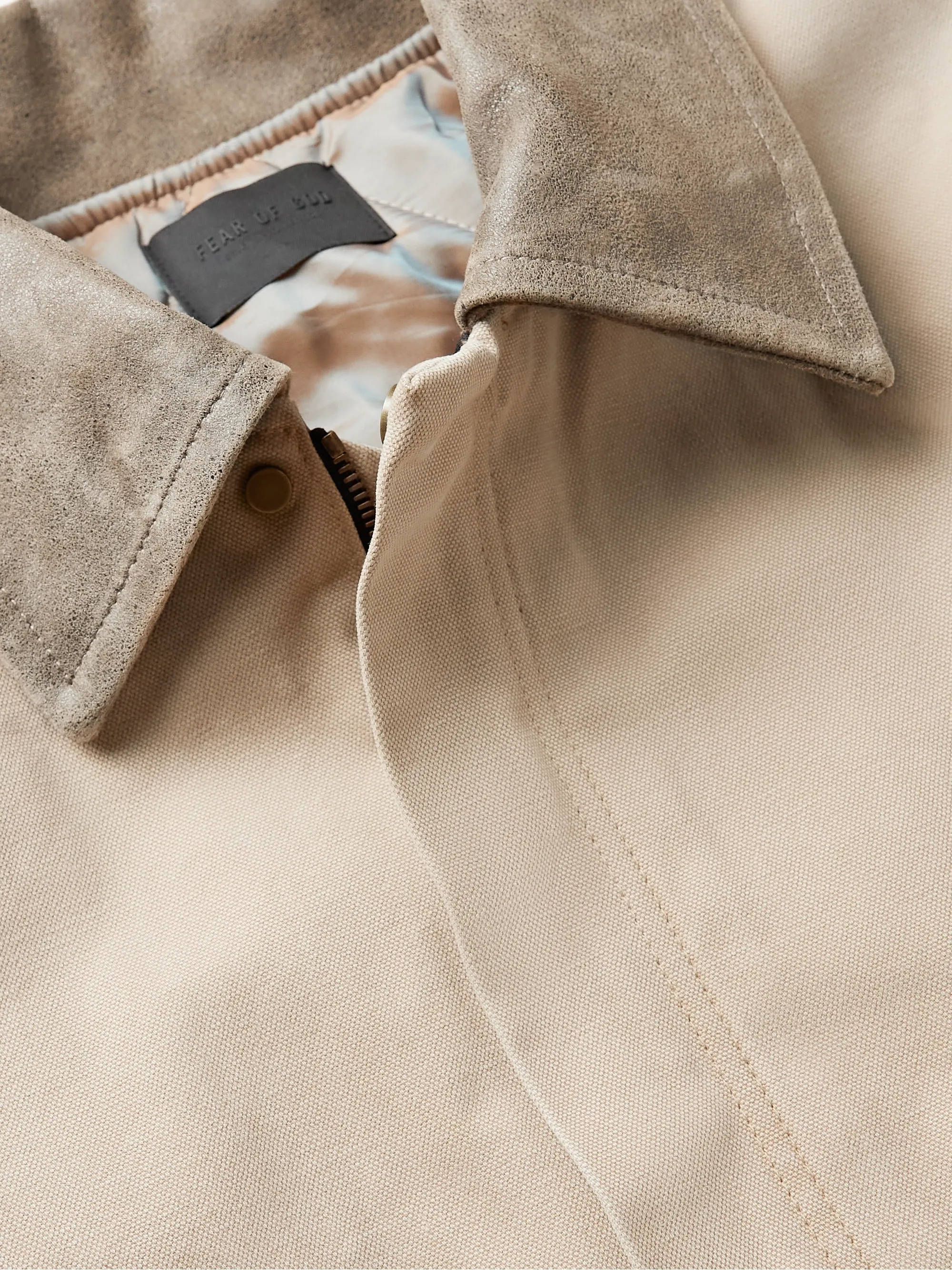 MR Porter x Fear of God Leather-Trimmed Distressed Canvas Jacket Khaki Detail