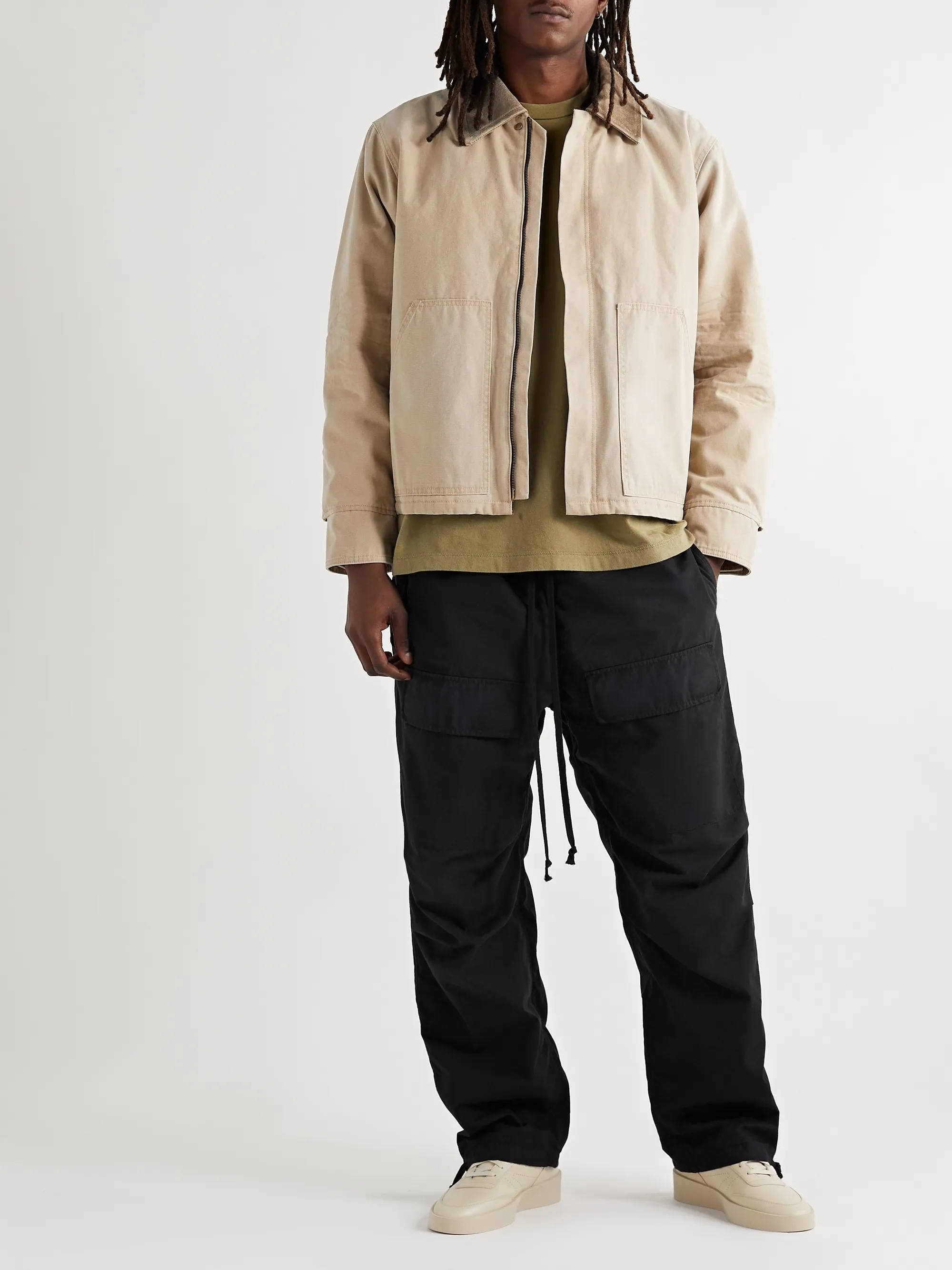 MR Porter x Fear of God Leather-Trimmed Distressed Canvas Jacket Khaki Full