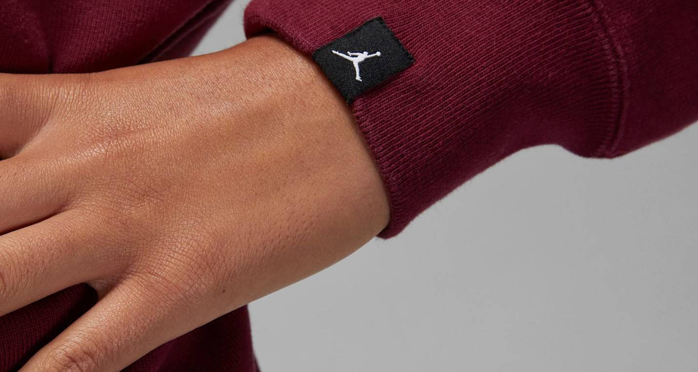 Air Jordan Wordmark Crew Dark Red Logo Tag Closeup