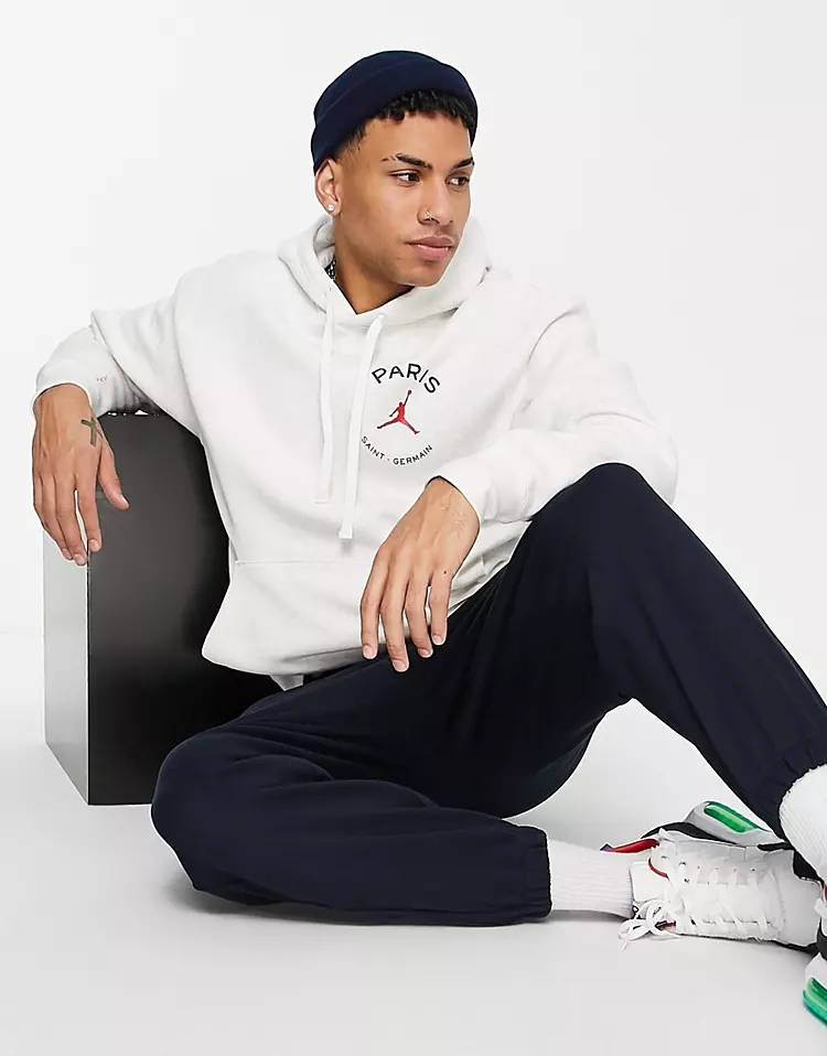 Nike Jordan Paris Saint Germain Logo Print Hoodie Grey Full