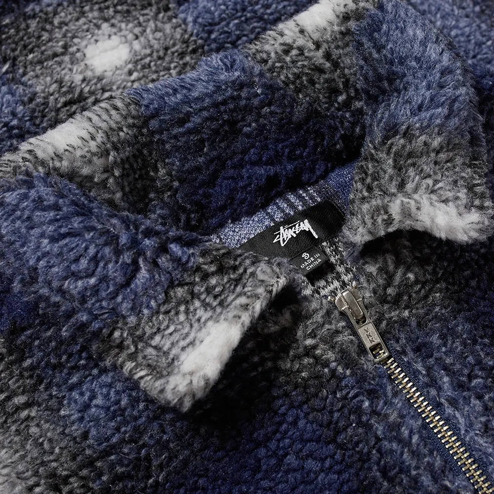Stussy Shadow Plaid Sherpa Zip Shirt Navy Detail 2