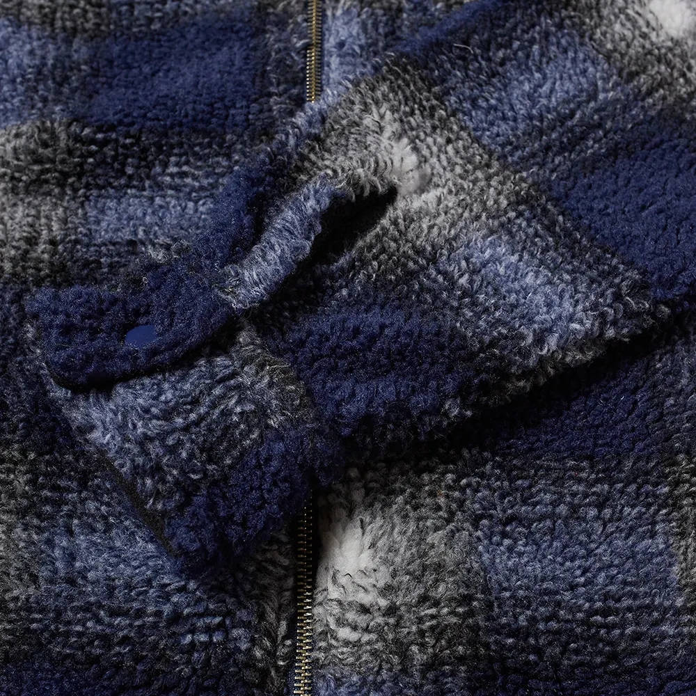 Stussy Shadow Plaid Sherpa Zip Shirt Navy Detail 3