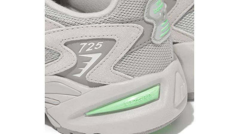 New Balance 725 Grey Neon Green Closeup