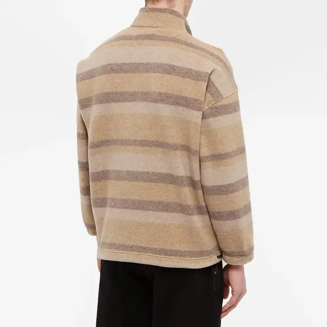 Crew Neck Mesh T-Shirt. Multistripe Pullover Fleece Light Brown Back