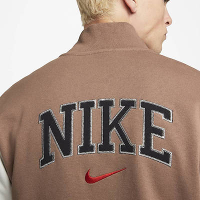 Nike Sportswear Retro Fleece Varsity Jacket Brown back logo
