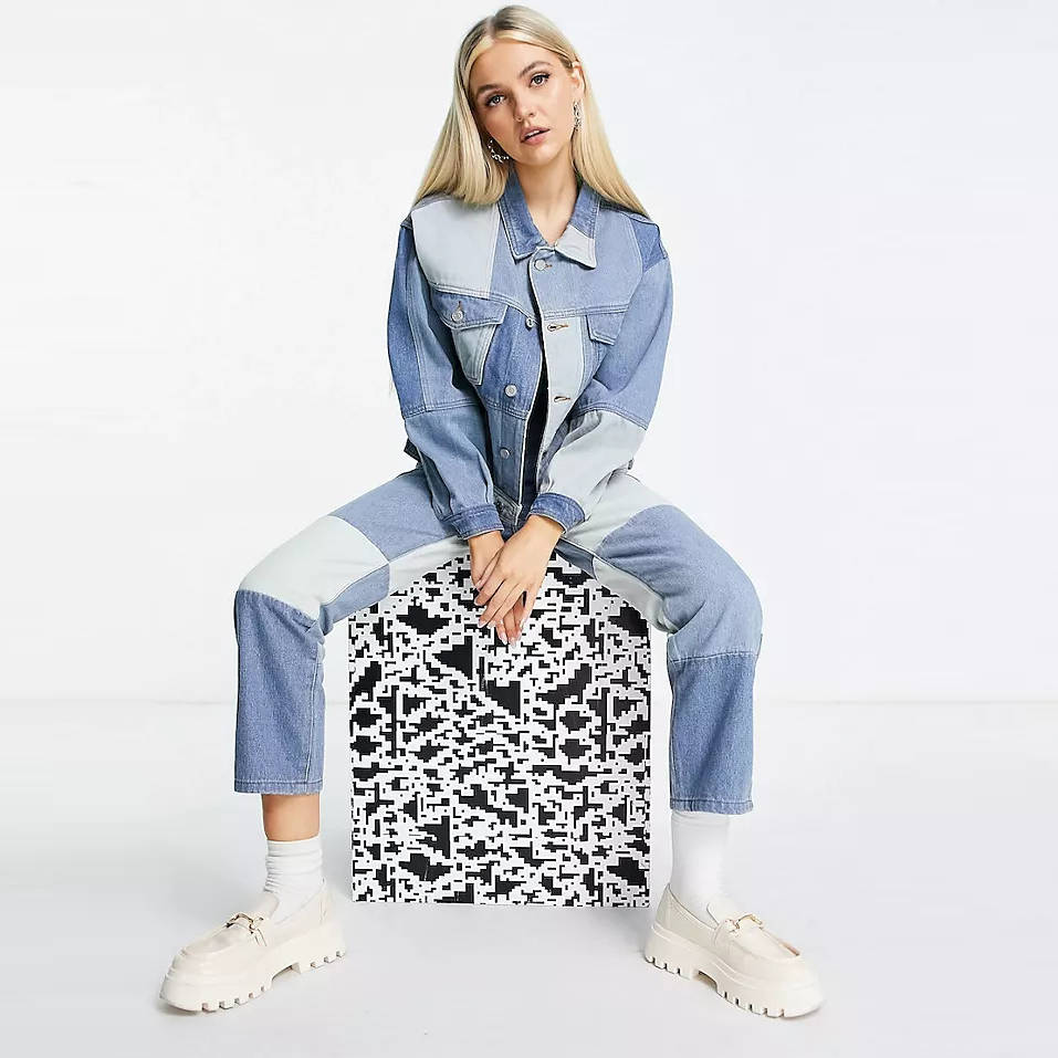 Signature 8 Patchwork Denim Oversized Jacket and Patchwork Denim Flare Jeans
