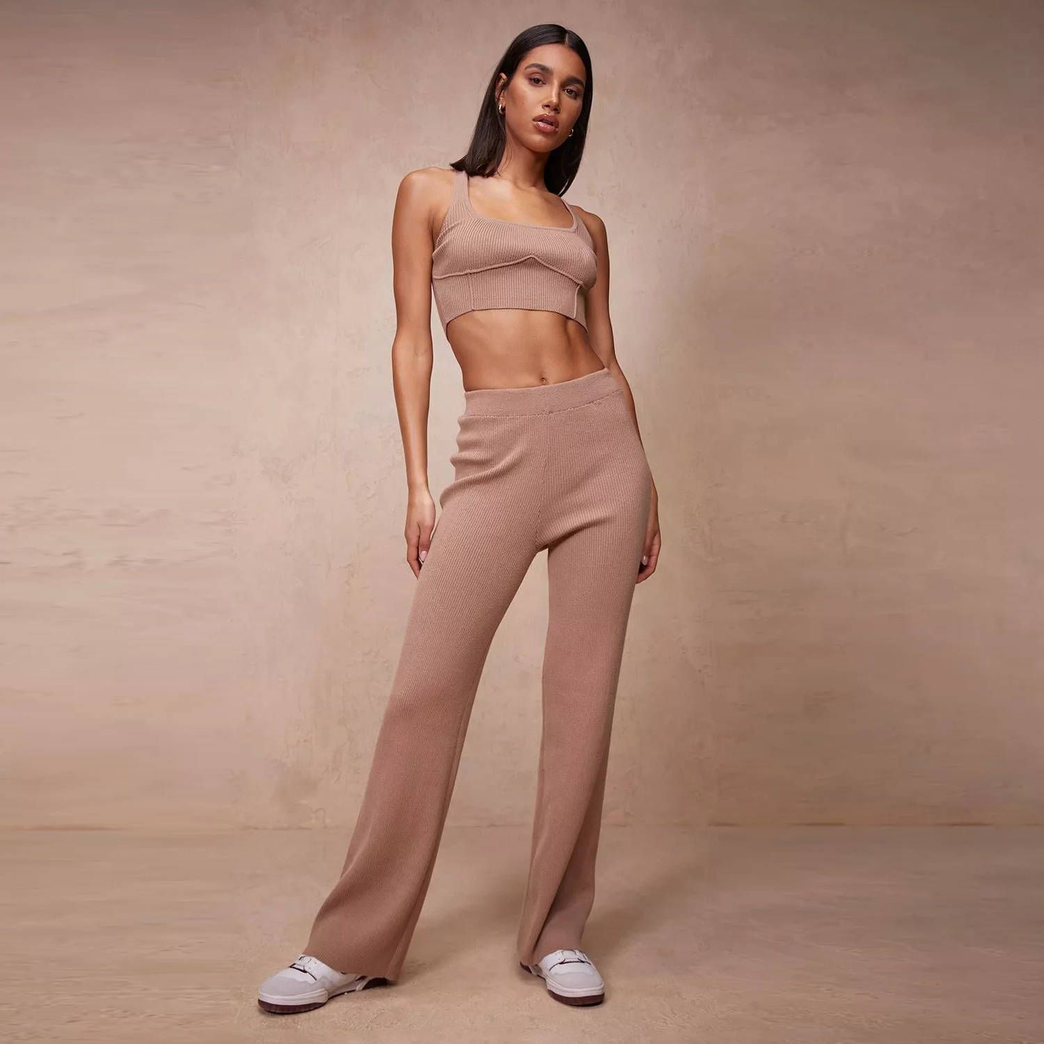 Boohoo Contour Crop and Extreme Wide Leg Knitted Set