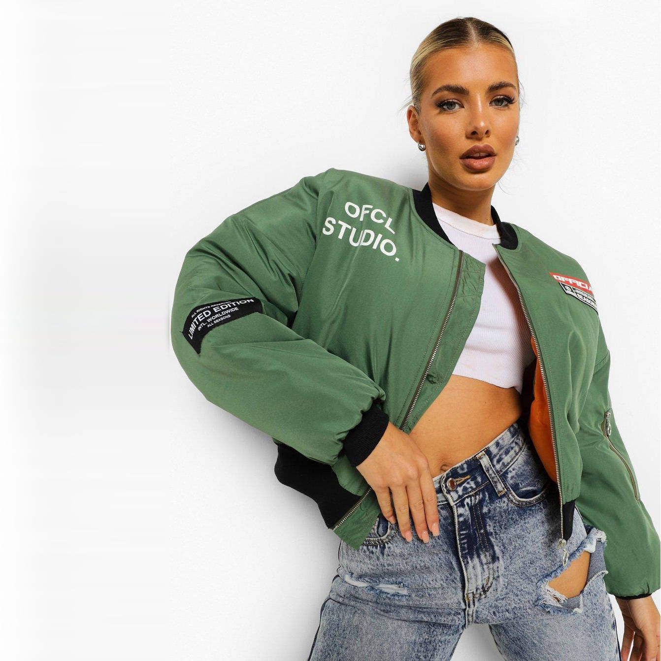 Boohoo Crop Printed Oversized Bomber Jacket