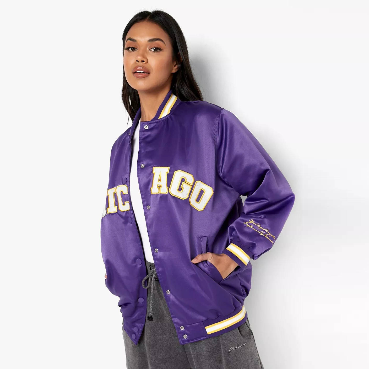 Boohoo Oversized Satin Chicago Varsity Jacket