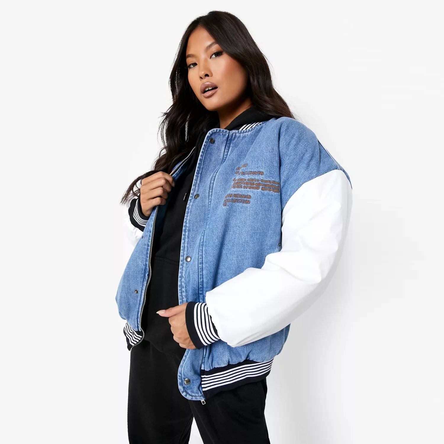 Boohoo Petite PU Sleeve Denim Varsity Jacket