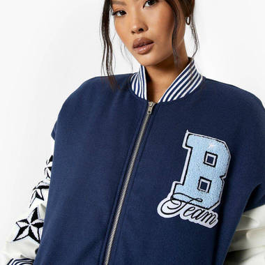 boohoo Petite PU Sleeve Oversized Varsity Jacket boohoo Petite PU Sleeve Oversized Varsity Jacket