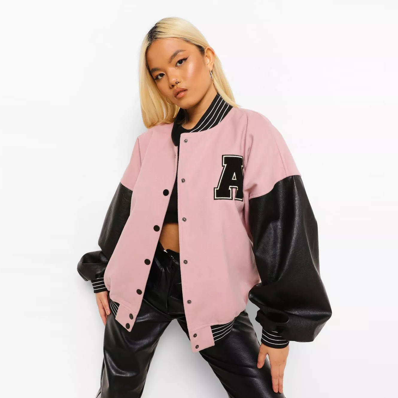 Boohoo Petite PU Sleeve Oversized Varsity Jacket Pink