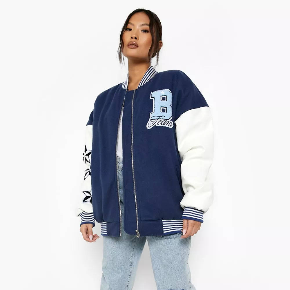 Boohoo Petite PU Sleeve Oversized Varsity Jacket