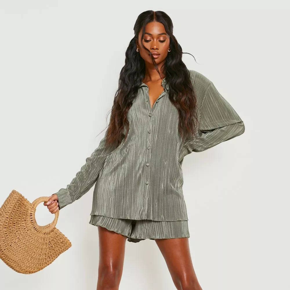 Boohoo Plisse Shirt and Shorts Set