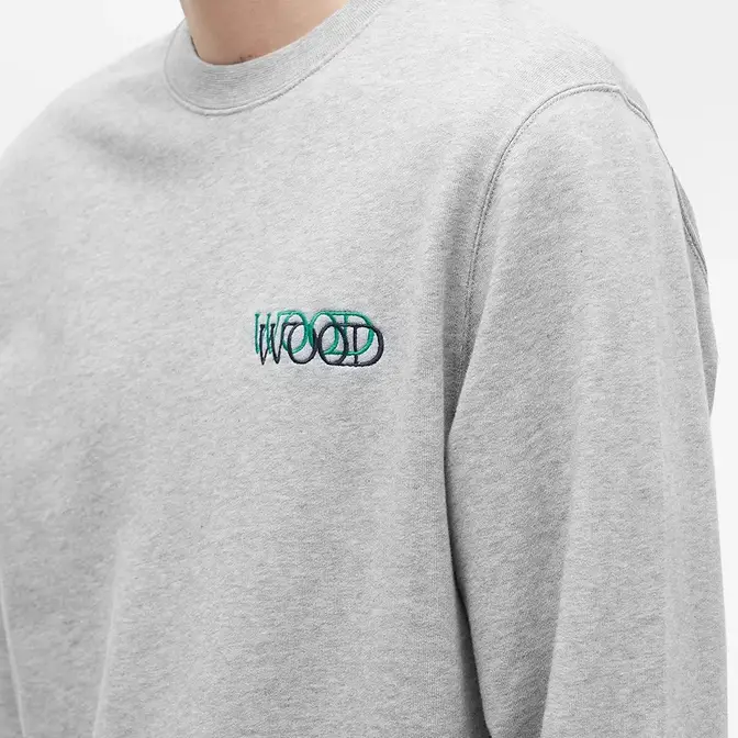 Wood Wood Hugh Embroidered Logo Crew Sweatshirt Grey Melange Detail