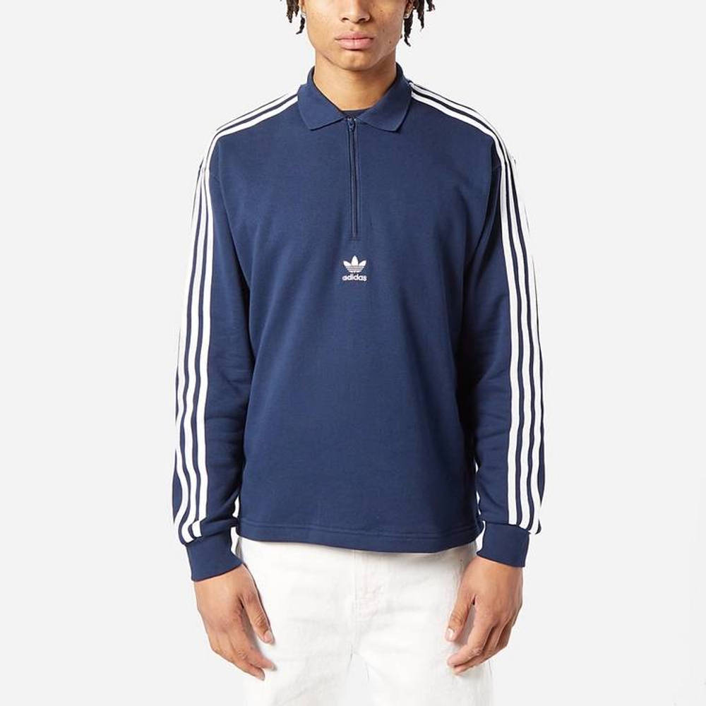 adidas 3 Stripes Long Sleeve Polo Shirt Blue front