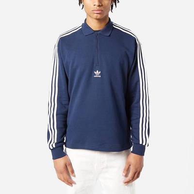 adidas 3 Stripes Long Sleeve Polo Shirt Blue front
