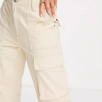 Bershka Chino Straight Leg Cargo Trouser Sand Detail