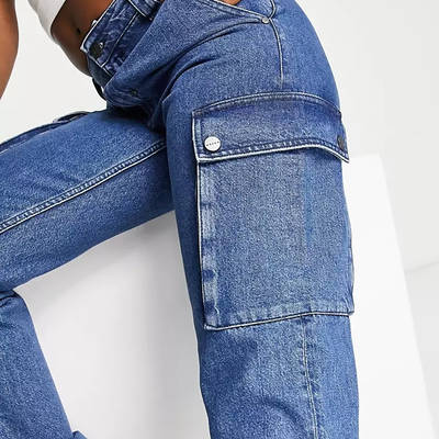Waven Mid Rise Slouchy Cargo Jeans Washed Indigo Detail
