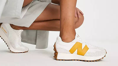 New Balance 327 White Yellow Gum on feet