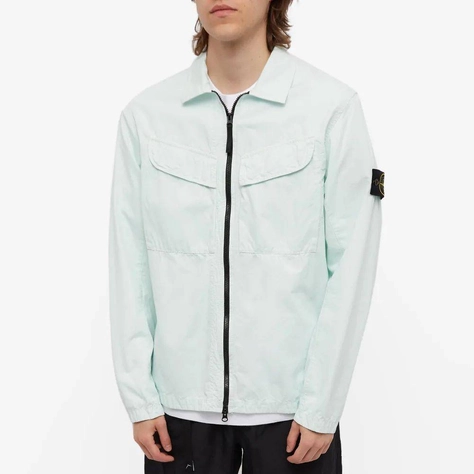 Stone Island Brushed Cotton Canvas Zip Overshirt Aqua Front View_result