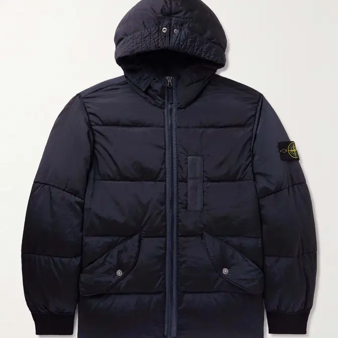 Stone Island Logo Quilted Crinkled-Shell Hooded Down Jacket 