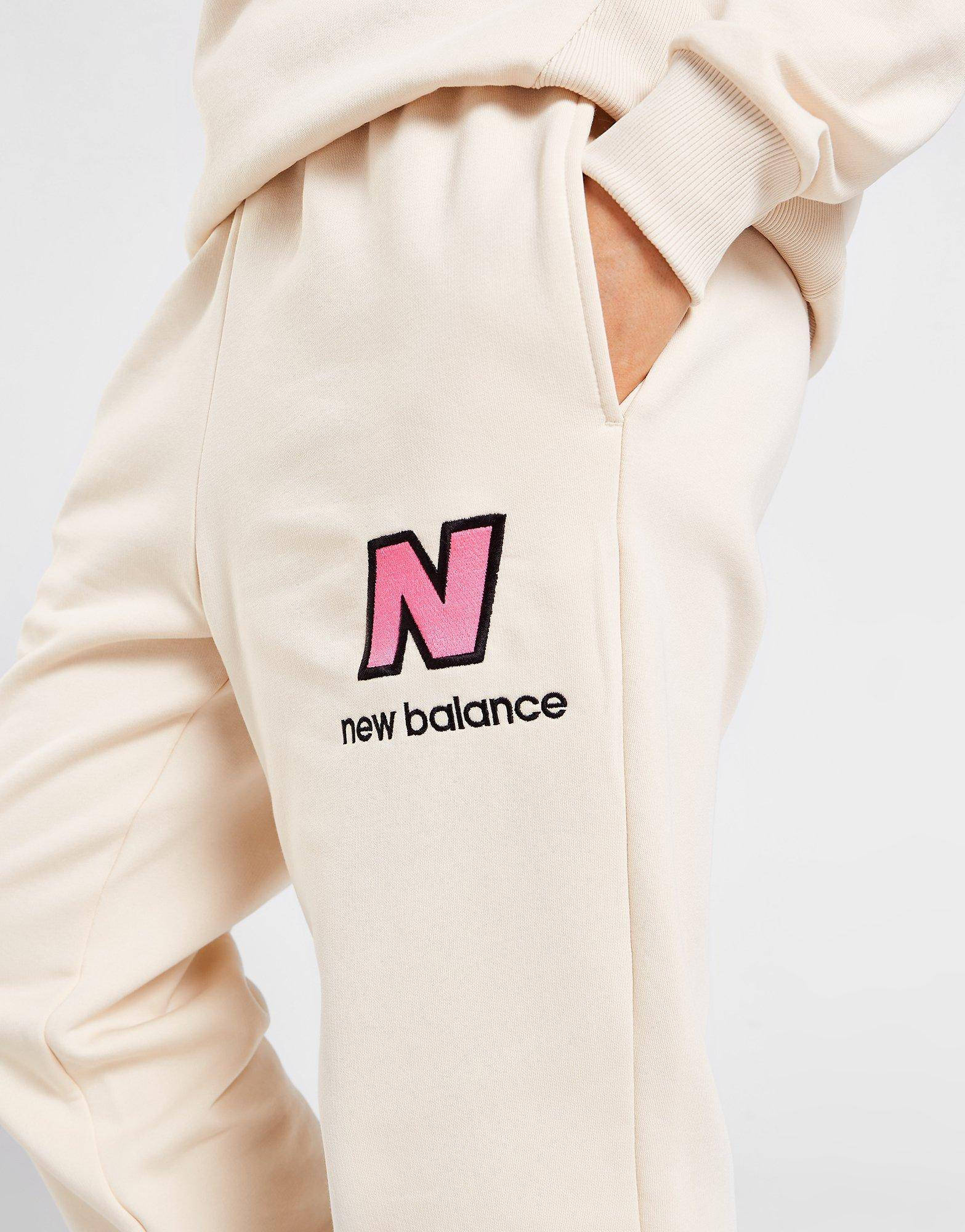 New Balance Fleece Joggers White Front Logo Closeup