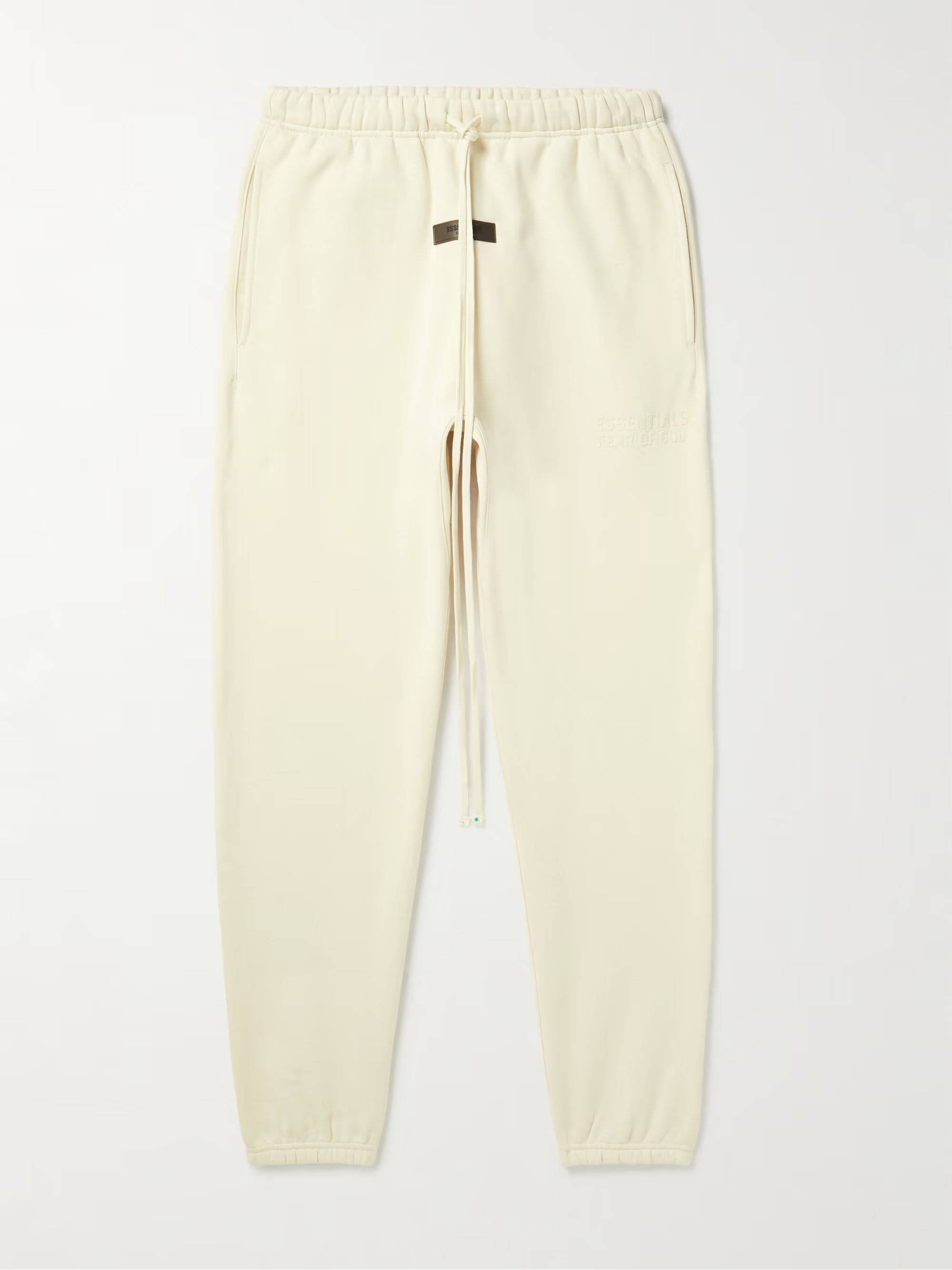 px-Fear of God ESSENTIALS Slim-Fit Tapered Logo-Flocked Cotton-Blend Sweatpants Egg Shell