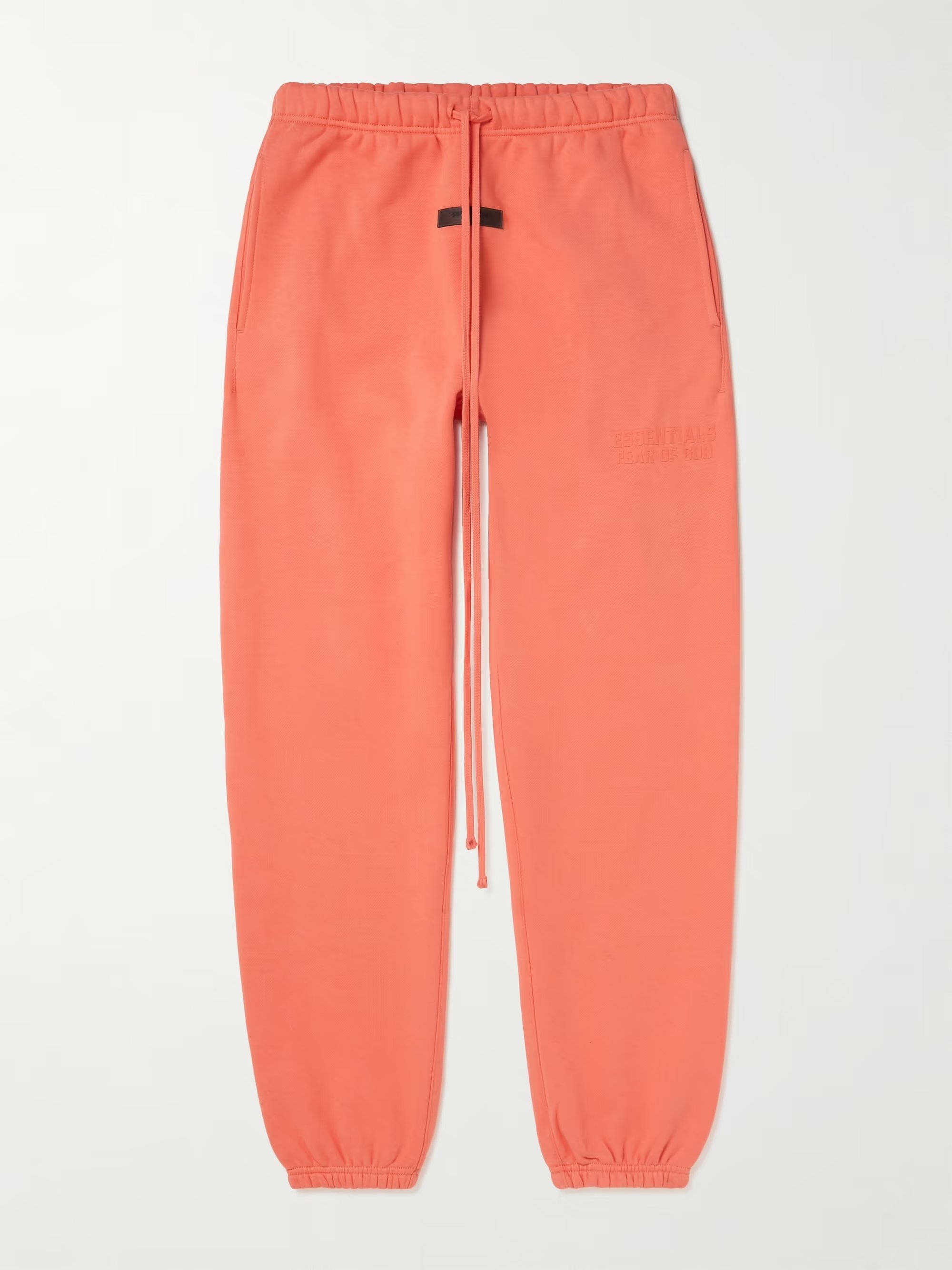 px-Fear of God ESSENTIALS Slim-Fit Tapered Logo-Flocked Cotton-Blend Sweatpants Orange
