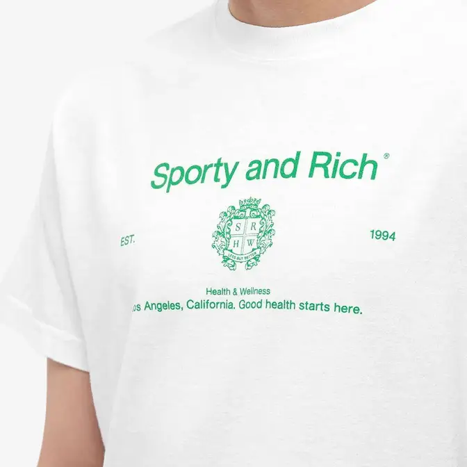 Sporty _ Rich Crest Tee White Kelly Logo Closeup