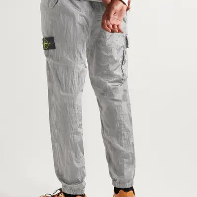 Stone Island Tapered Logo Appliquéd Zip Detailed Shell Cargo Trousers Grey Backside