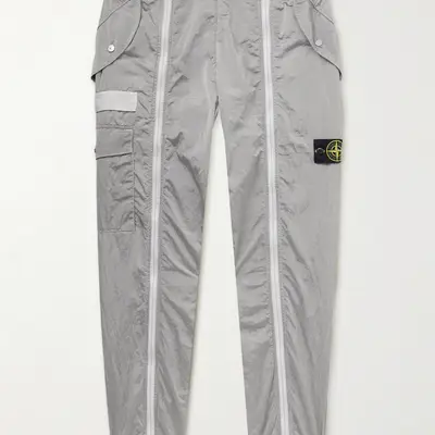 Stone Island Tapered Logo Appliquéd Zip Detailed Shell Cargo Trousers Grey Feature