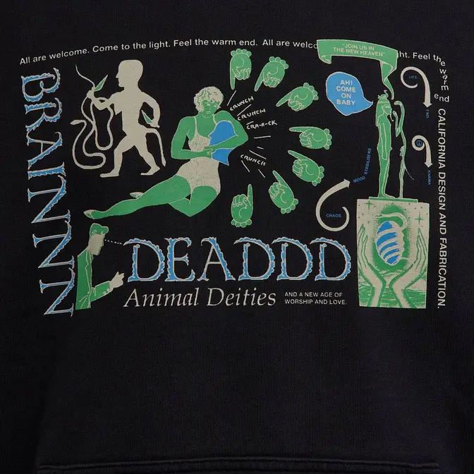 Brain Dead Animal Deities Hoodie Black Print Closeup