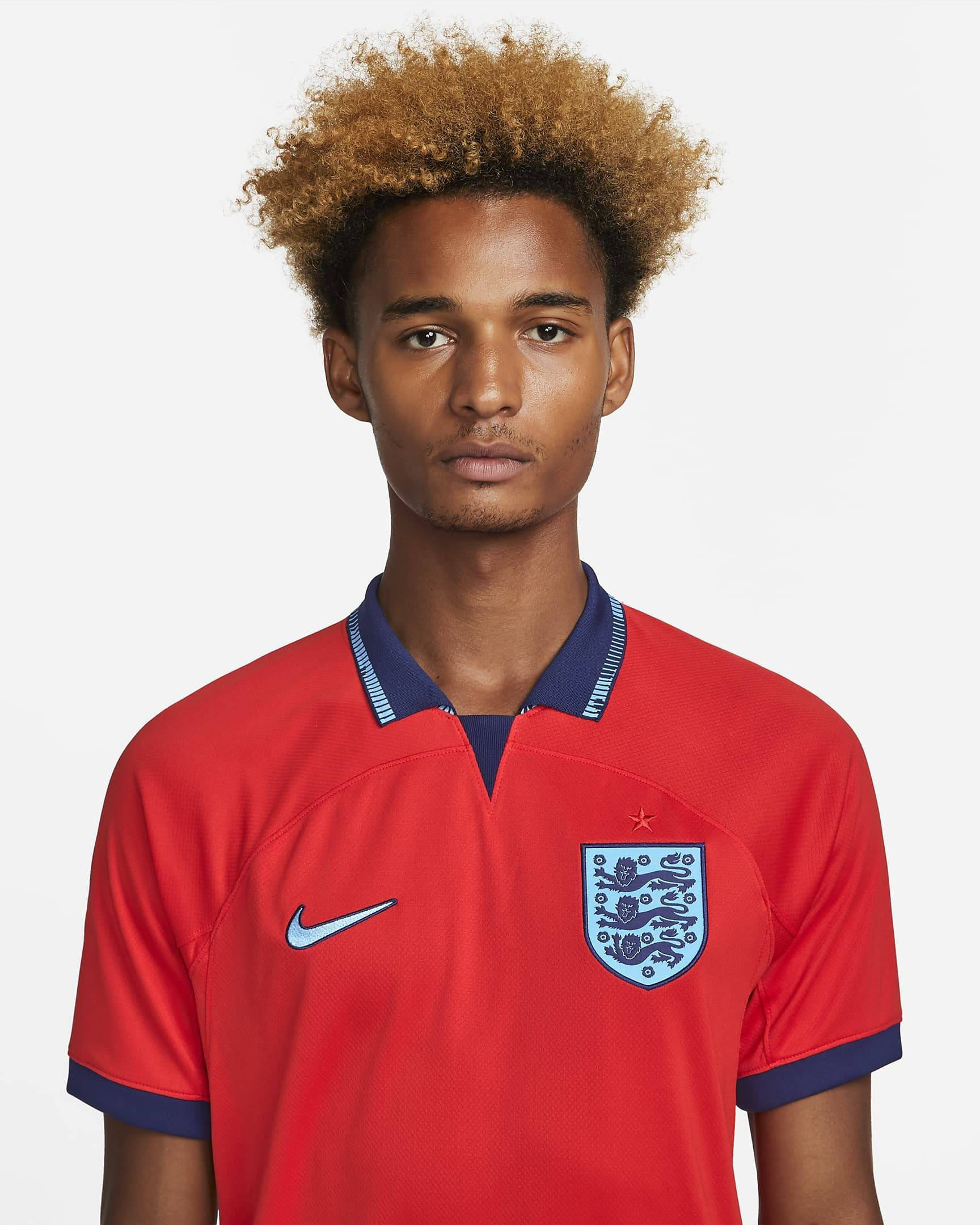 England 2022-23 Stadium Away Dri-FIT Football Shirt Challenge Red Front Closeup