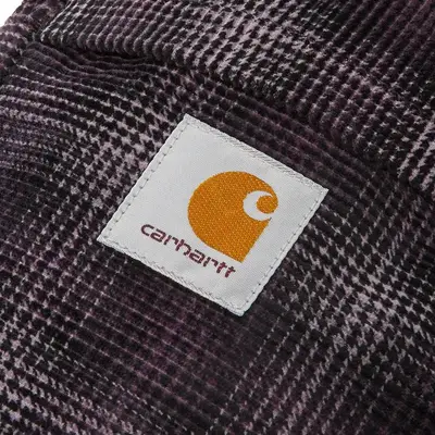 Carhartt WIP Corduroy Flint Shoulder Pouch Dark Plum Check Logo Closeup